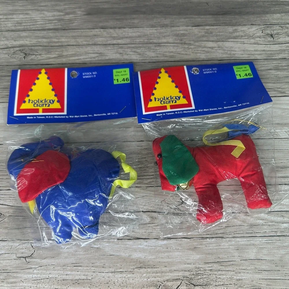 Vintage Christmas Ornaments Fabric Stuffed Plush Holiday Trim Animals Dog